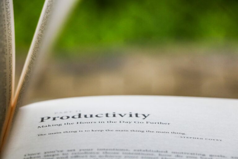 book open to the word productivity